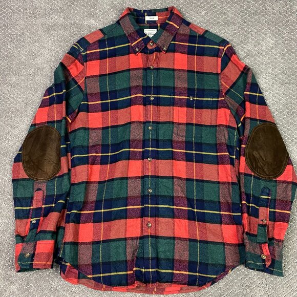 J. CREW Flannel Shirt Men's Medium Slim Red Plaid Elbow Patch Button Down - Picture 1 of 12
